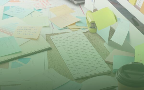 desk piled up with things to do including, post-its, graphs of accounting and tax tasks